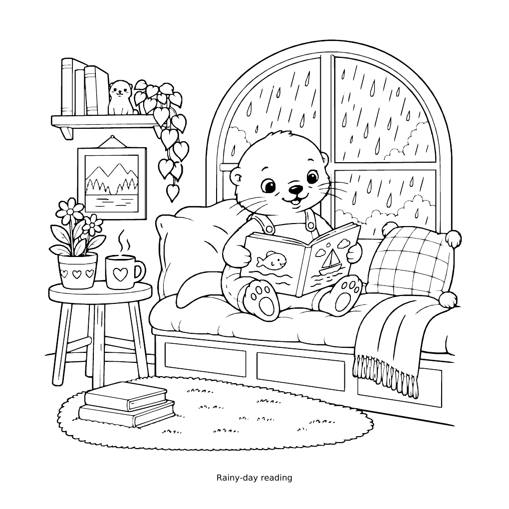 Rainy-day reading colouring page