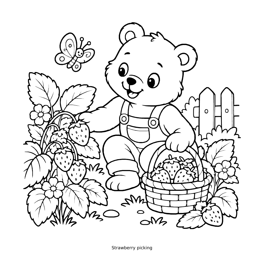 Strawberry picking colouring page